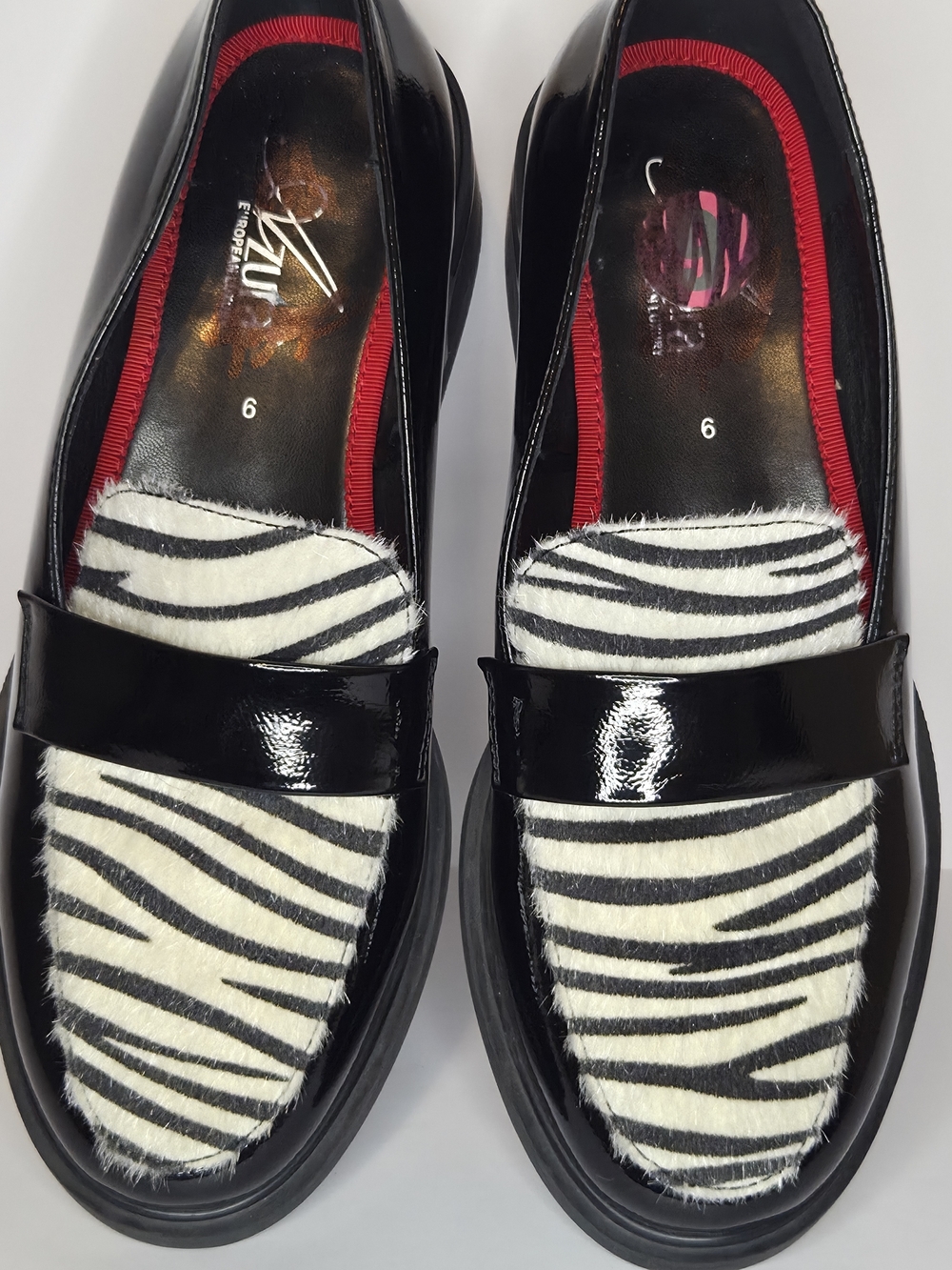 Azura Gogetter-Zeb Patent Black Loafers with Zebra Print Panel - Women's Size 6